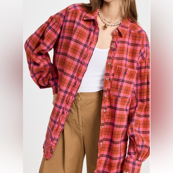 Women’s Free People We The Free Happy Hour Plaid Long Sleeve Flannel Shirt Pink - Picture 3 of 3